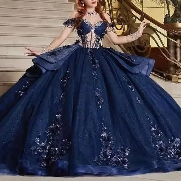 European and American sexy one-word shoulder navy blue off-the-shoulder bar mitzvah dress 1011 new applique fluffy colored yarn princess dress