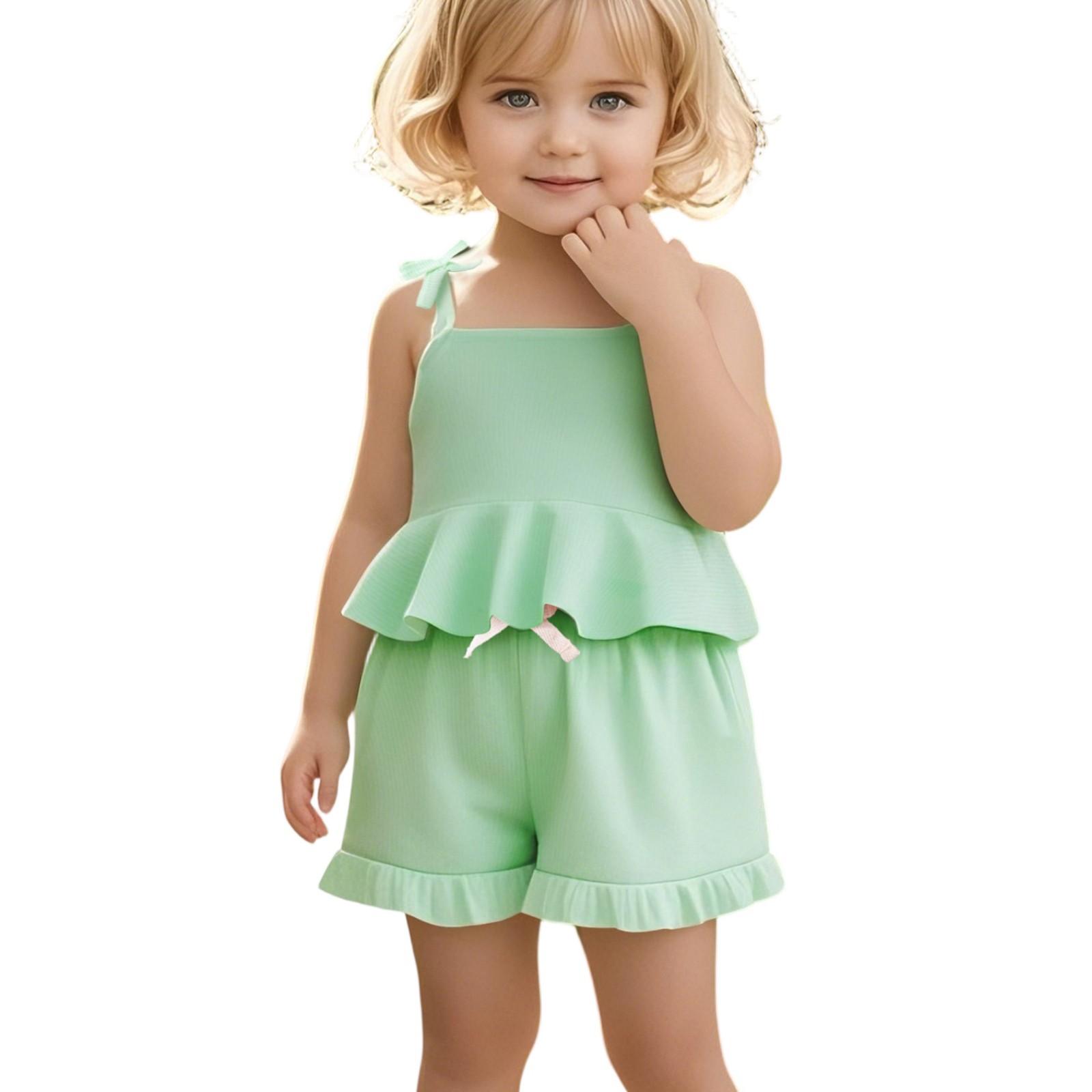 

Girls Sleeveless Set - Solid Color Strappy Top & Flounce Shorts 80