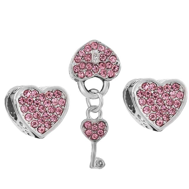 3pcs /Lot Pink Love Heart Beads Enamel Mom Pendant Fit Diy Brand Charm Bracelets Necklaces For Women Mother Jewelry Making