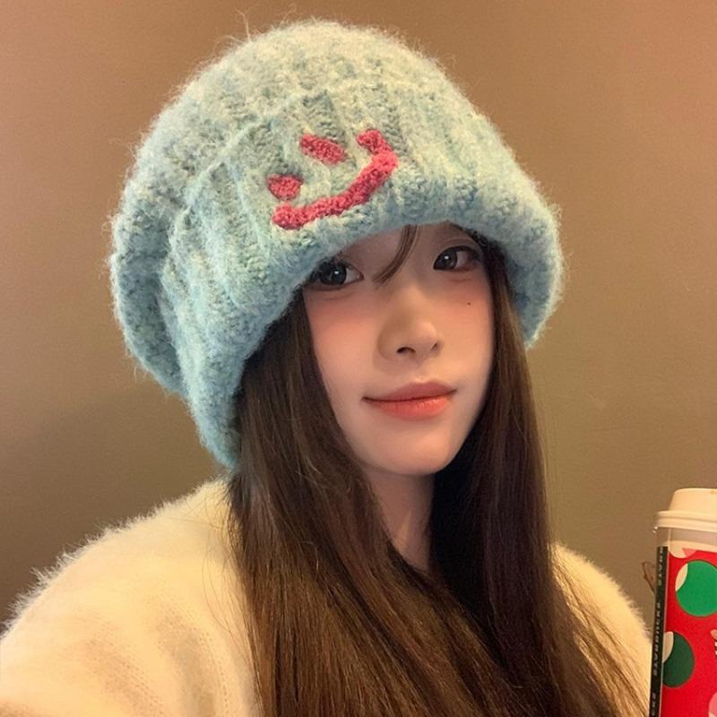 Forest recommended smiley face wool stacking hat big head circumference autumn and winter wind simple warm knitted wool hat