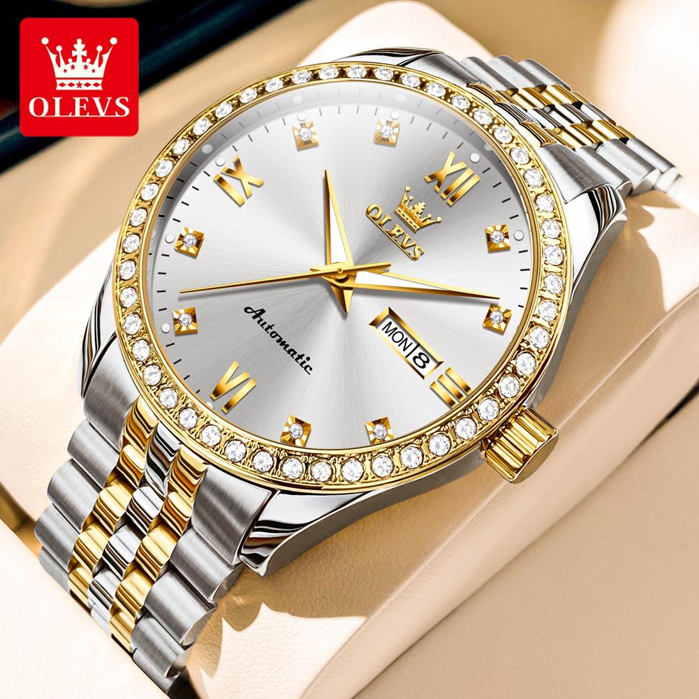 OLEVS7012 Diamond Automatic Watch Men Luxury Brand Original Mechanical Wristwatch Stainless Steel Waterproof Calendar Hand Clock