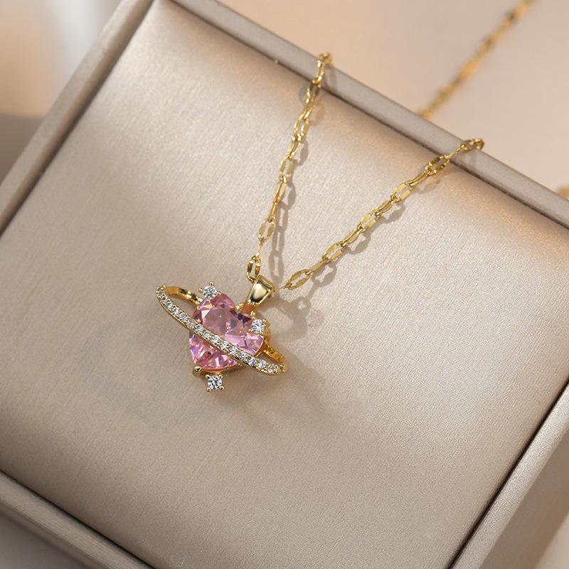 Women's Fashion Heart Planet Necklace – Diamond Inlaid Heart Pendant On Clavicle Chain