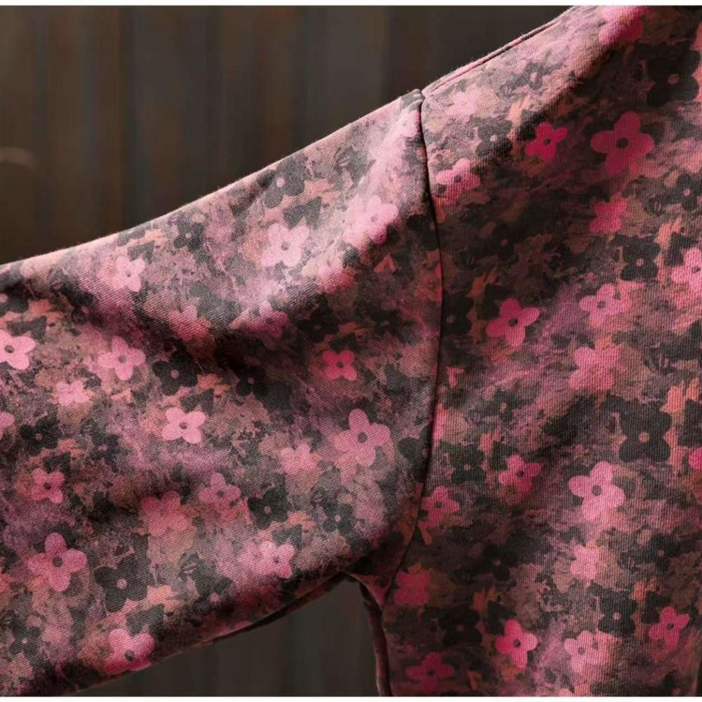 Johnature Damen Vintage Print Floral Kapuzenpullover Pullover Taschen Herbst Lässig Frottee Langarm Damenpullover