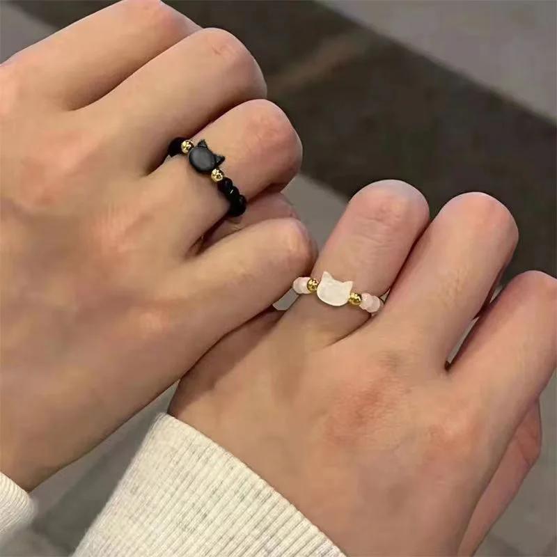 Fashion Natural Moonstone Obsidian Rings Minimalist Handmade Cute Black White Cat Bead Ring Women Party Accessories Jewelry Gift