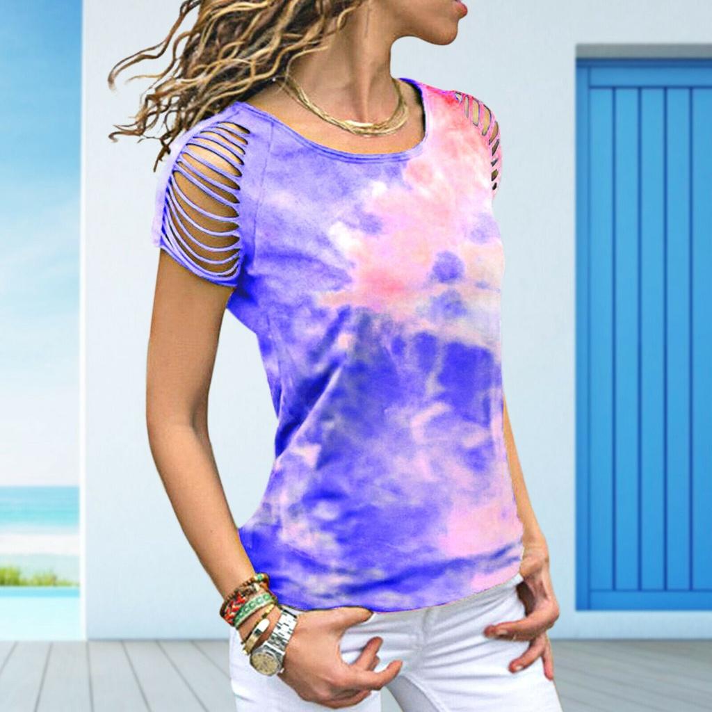 Womens Vibrant Tie-dye Printed Tops Casual Short Sleeve Blouse Perfect For Summer