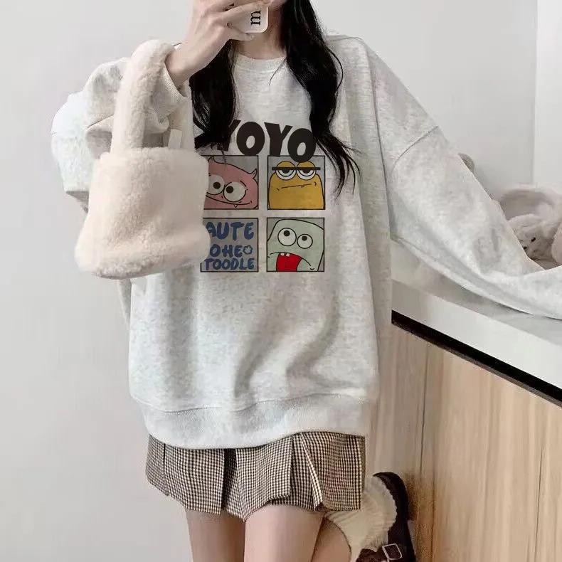 Women's Japanese INS-Style Round Neck Sweatshirt, Merade Color, College Style, Autumn/Winter, Plus Velvet, Warm, Loose Long Sleeve Top