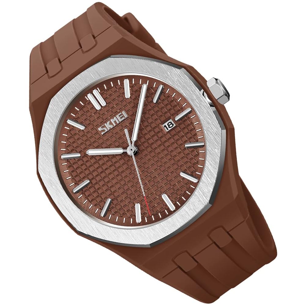 SKMEI Men s Simple Silicone Sports Watch Waterproof Analog Quartz Large Date Brown Casual Style