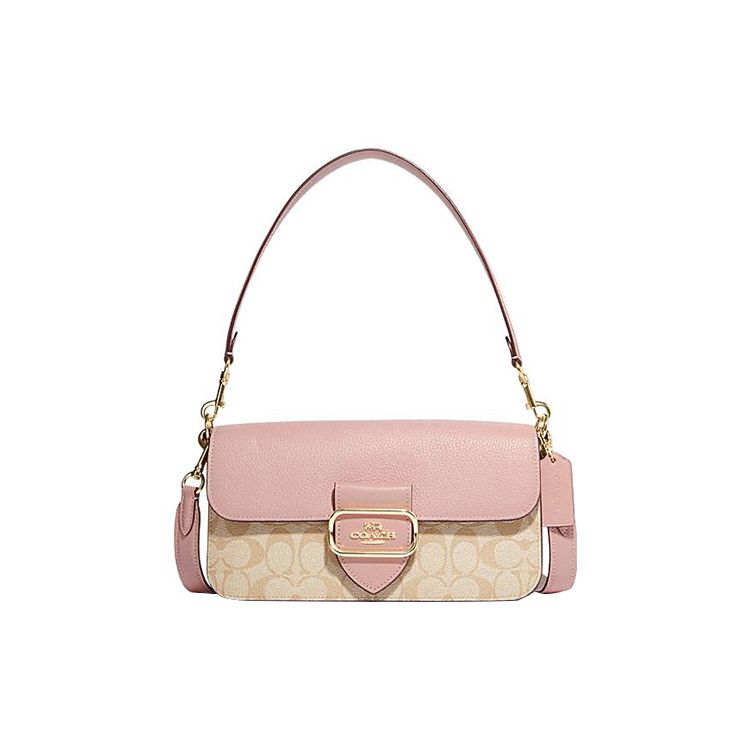 

Coach Blush Pink & Tan Signature Canvas Flap Shoulder Bag with Gold Hardware for Daily Use Basic Set (Bag+Dust Bag)