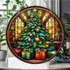 Stained Glass Style Christmas Tree Pattern Round Wooden Hanging Plaque Artistic Wall Art Ornament Indoor Home Festive Holiday Party Decoration