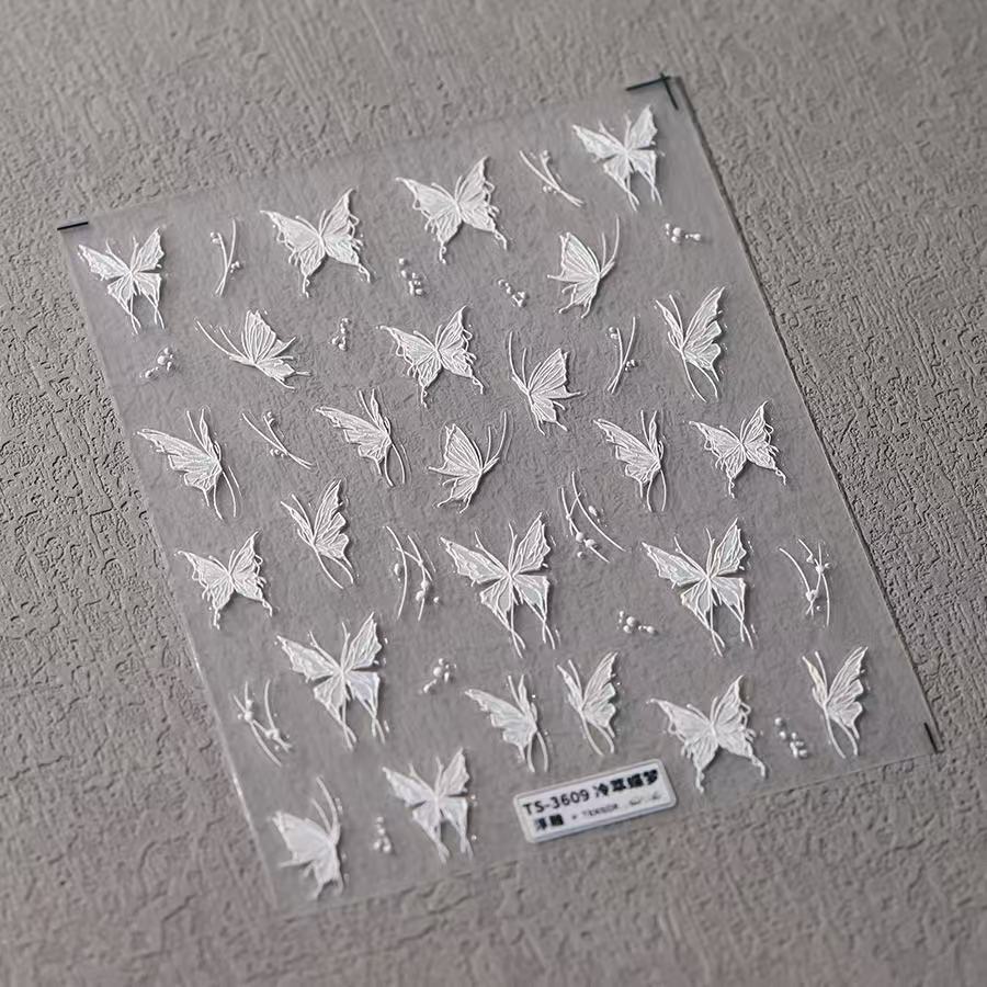 White Relief Butterfly Nail Art Sticker Three-dimensional Glue-back High-end Fairy Gas Liquid Butterfly Nail Sticker Decoration