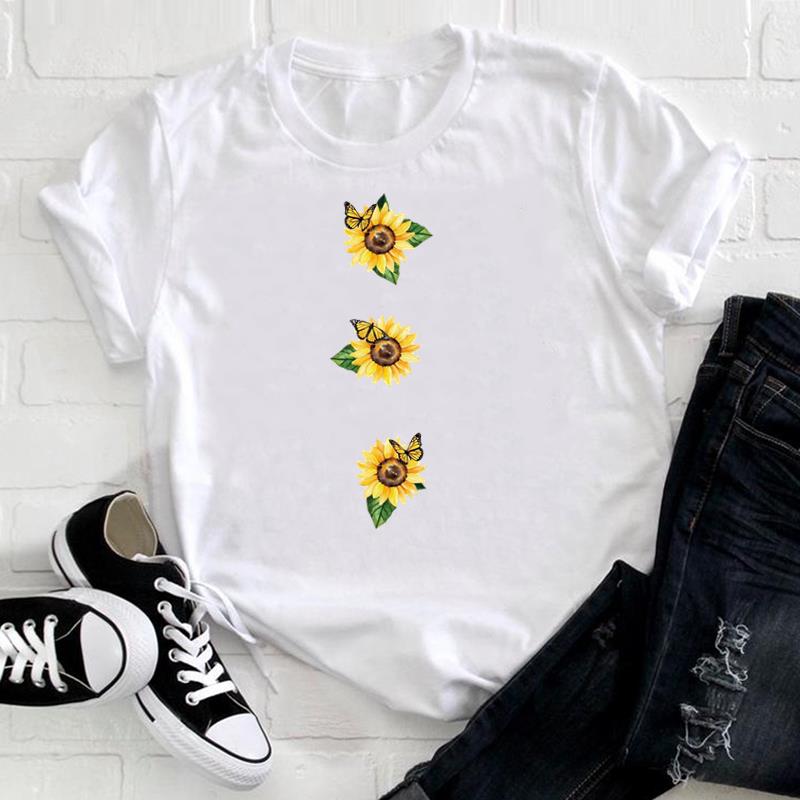 (European Size) 90s Tee Top Fashion Flower Watercolor Lovely T Shirt Clothing Casual Short Sleeve Women Print Lady Female Graphic T-shirt
