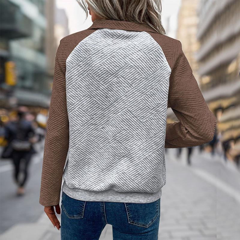 Top Patchwork con Bloque de Color con Textura Casual Cómodo Botones Cuello Mao Pequeño Sudadera para Mujer