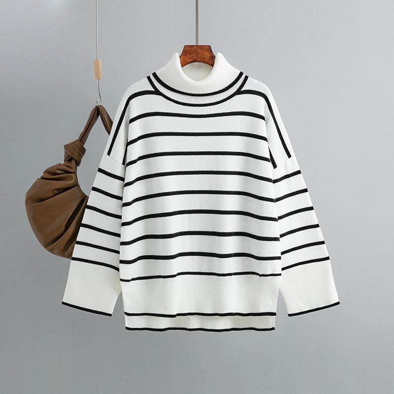 Herbst und Winter Damen Pullover Strickpullover Pullover Clashing Stripes High Neck Loose Casual Pullover