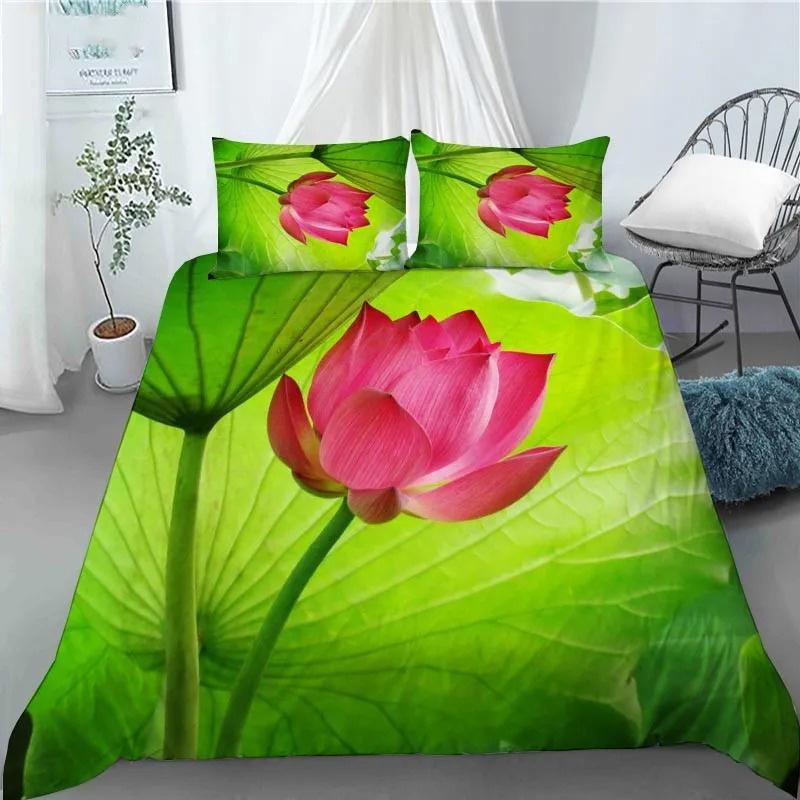 3D Lotus Flower Painting Duvet Cover Polyester Quilt Cover with Pillowcases King Queen Size for Kids Teen Adults Bed Decor Gifts