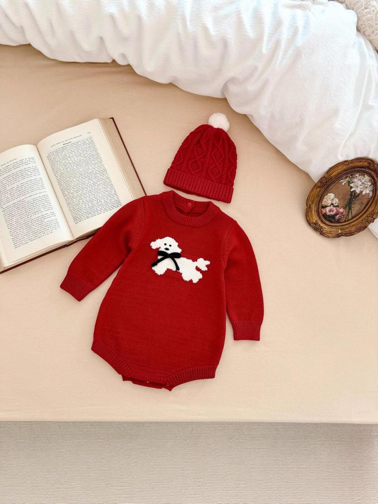 Autumn & Winter One-Piece Baby Rompers: Jacquard with Cute Animals & Handmade Bow for Boys & Girls