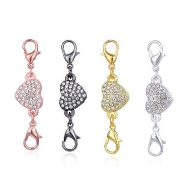 Diamonds Adorned Heart Magnetic Closure Jewelry Alloy Connector With Lobster Clasp For Necklaces Bracelets