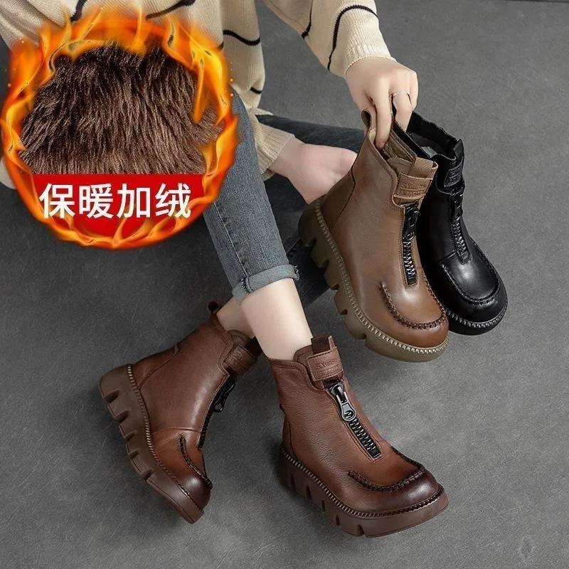 Fashion Thick Bottom Martini Women Boots Winter Short Boots for Women Front Zipper Flocking Cotton Boots Retro Shoes Women