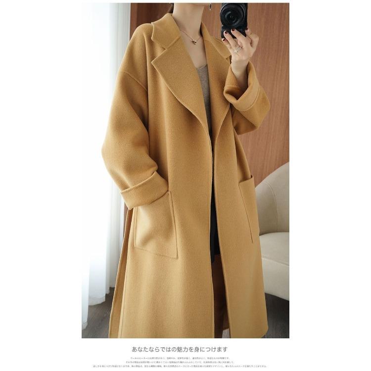 Cappotto di lana stile francese con cintura da donna, lungo, vestibilità ampia, semplice, elegante, autunno, inverno, caldo, soprabito