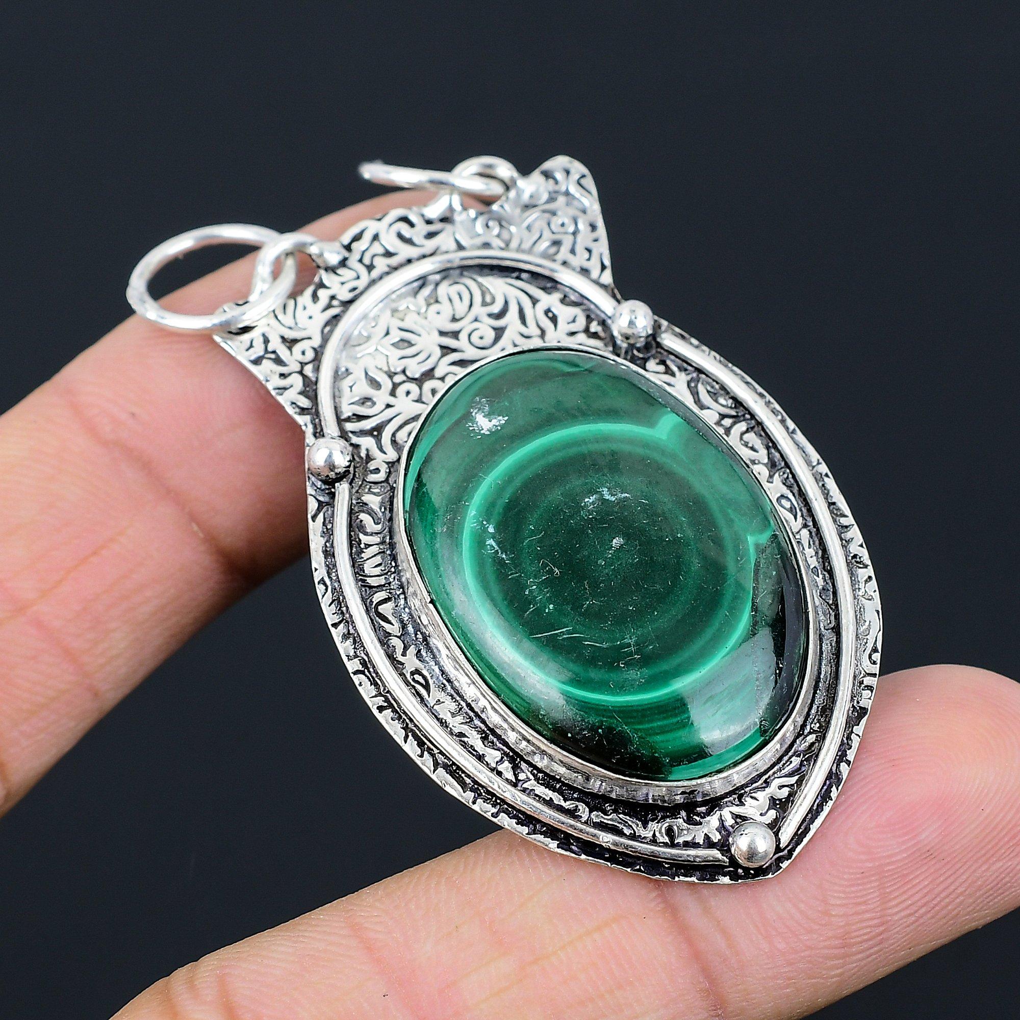 

Birthday Gift For Her Natural Malachite Gemstone Pendant 925 Sterling Silver