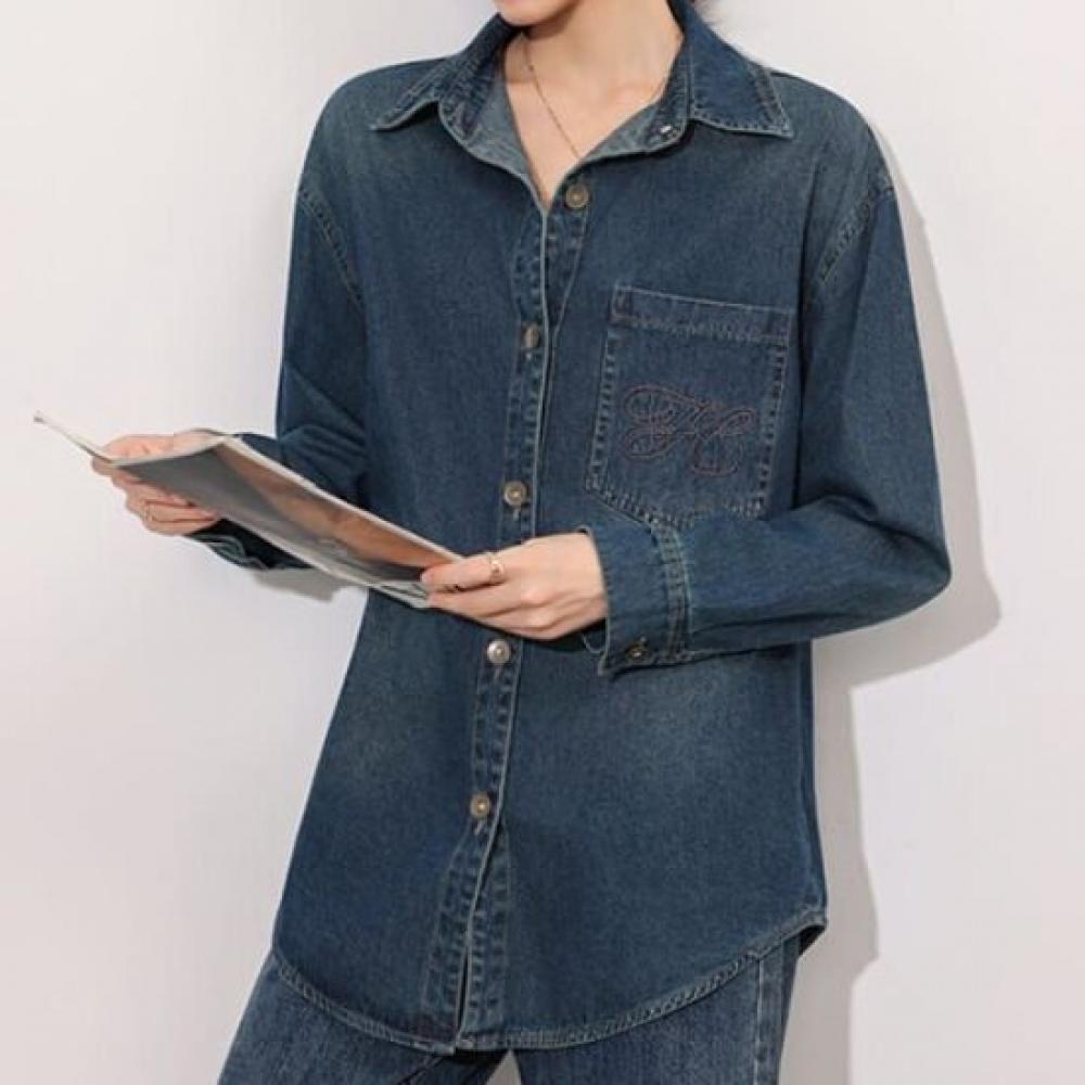 Navava Women Vintage Casual Denim Long Sleeve Shirt Nb2997