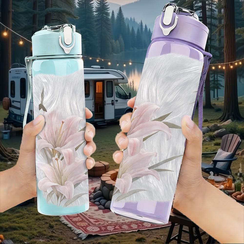 1PC Pale White Lily Flower Art Print 750ml Color Plastic Sports Water Bottle Leakproof Flip Straw Lid Suitable for Sports Office Home Use