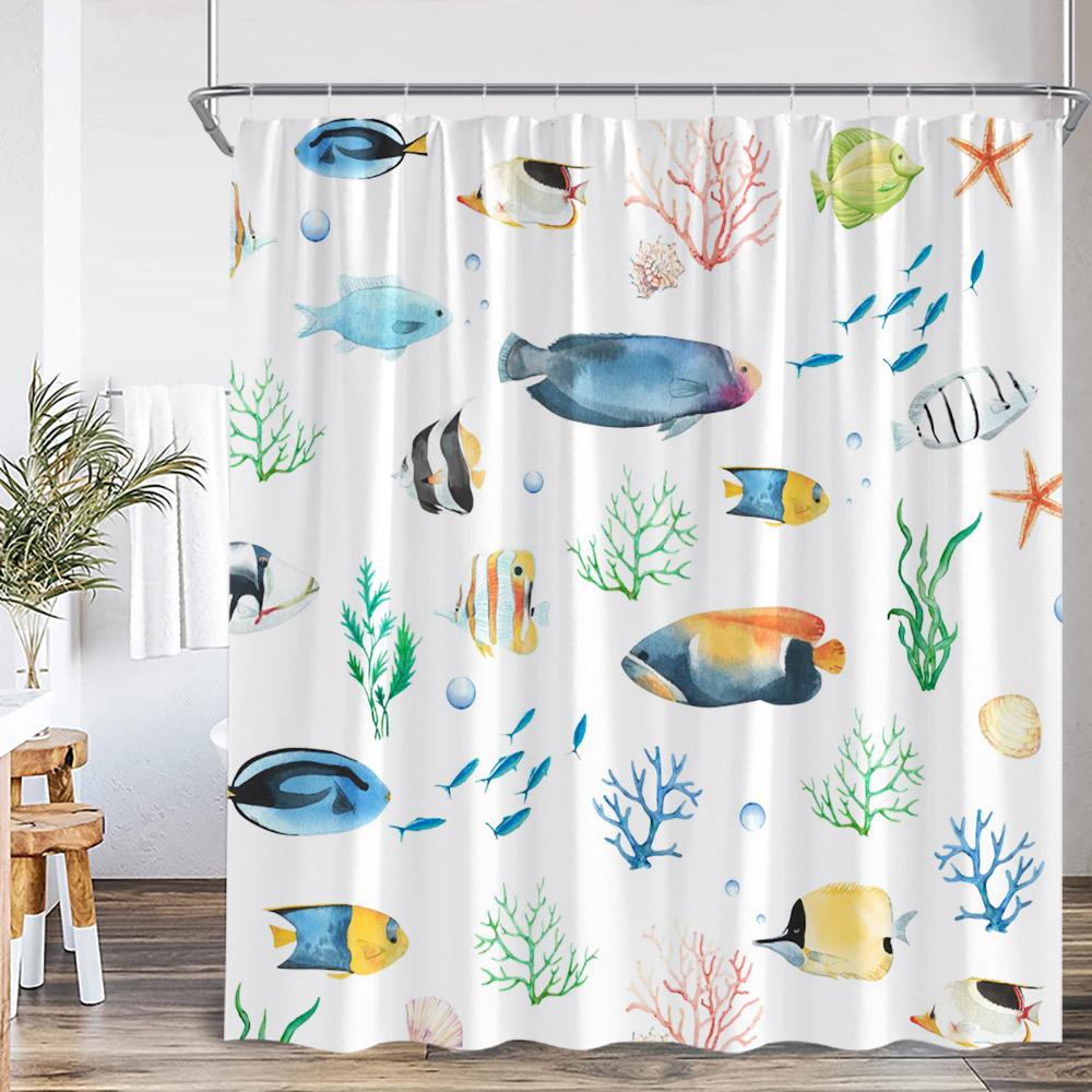 Nautical Cartoon Shower Curtain Tropical Fish Starfish Shell Seaweed Coral Underwater Bathroom Decoration Polyester Bath Curtain