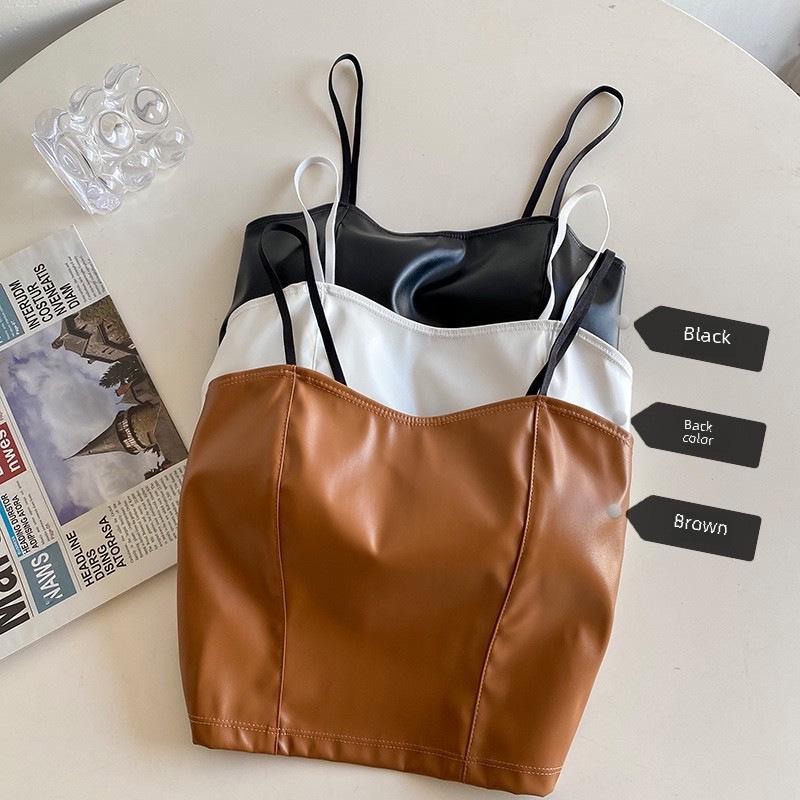 Retro Hong Kong Style Women's Slim Leather Suspender Vest with Fixed Cup