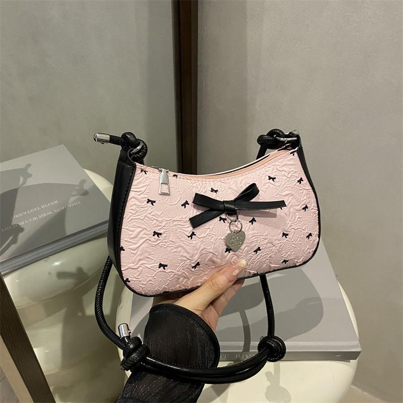 Y2k Pink Bow Armpit Bag for Women, New Fashiable and Versatile Texture Light Luxury Single Shoulder Small Square Bags