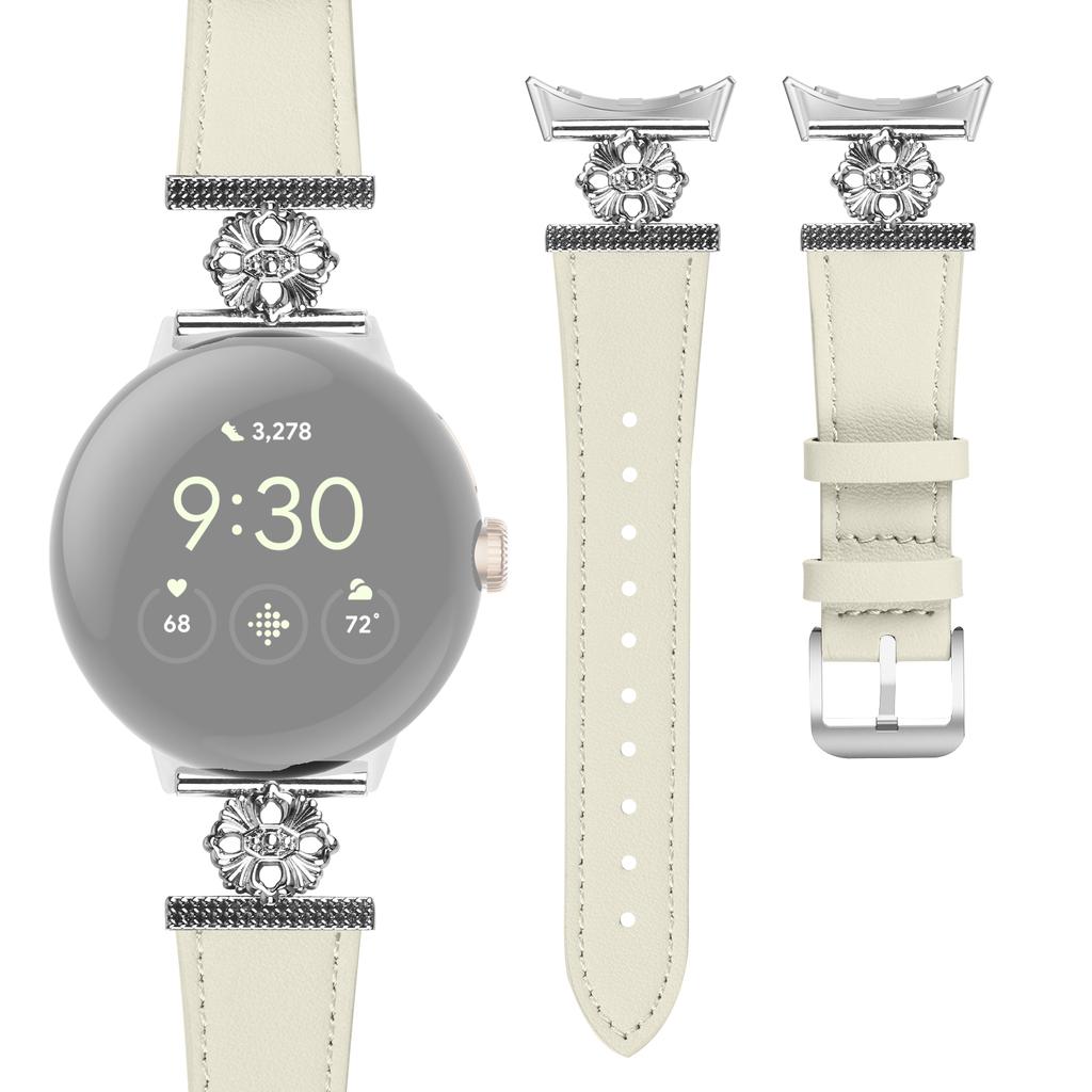 For Google Pixel Watch 2 Watch Band Genuine Cow Leather Flower Decor Adjustable Strap