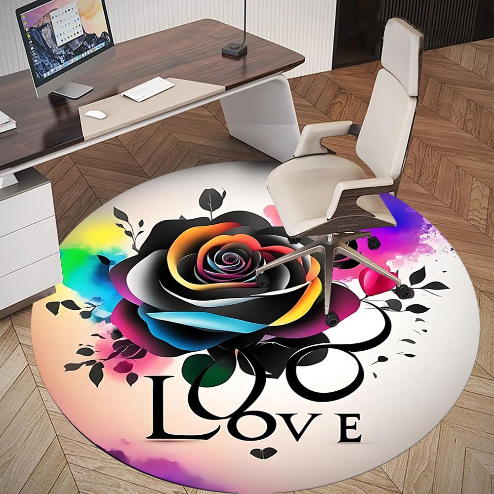 1pc Rose Love Round Chair mat office Area Rug - Non-Slip, Floor Mat for Office, Bedroom, and Indoor Decor p127137