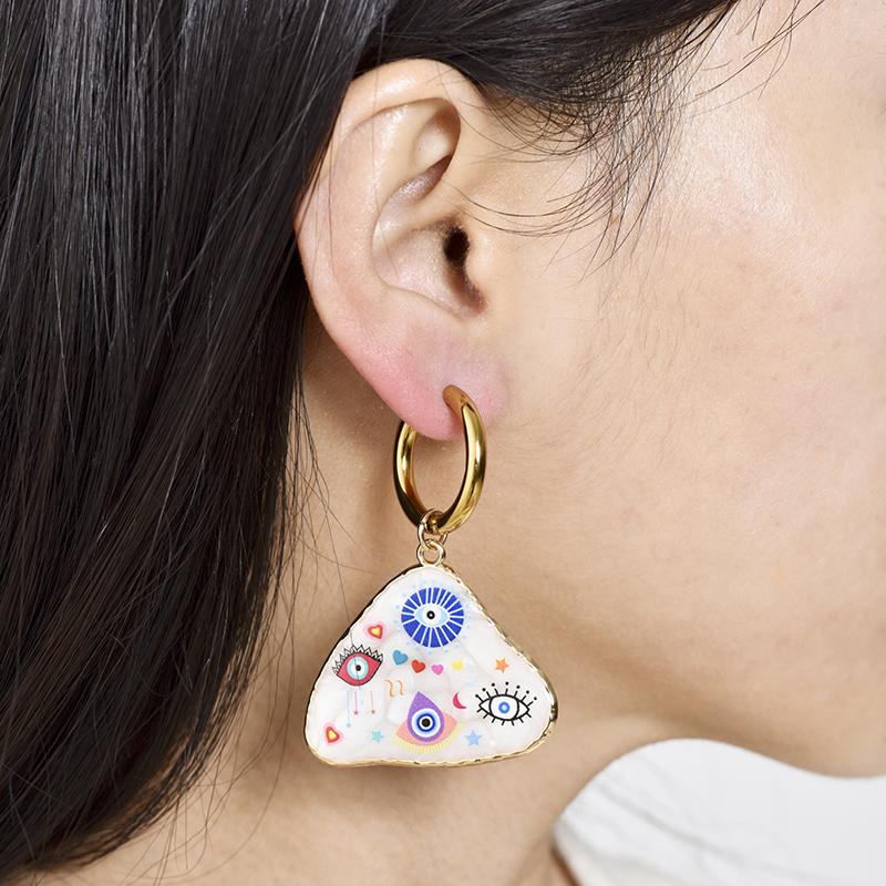 Trendy Colorful Eye Heart Star Moon Pattern Stainless Steel Hoop Earrings Woman Big Vintage Statement Geometric Enamel Jewelry