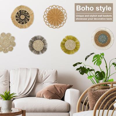 7/9Pcs Boho Wall Art Baskets Decor Set Handwoven Round Hanging Basket Flat Tassels Placemats for Rustic Farmhouse Multi Sizes