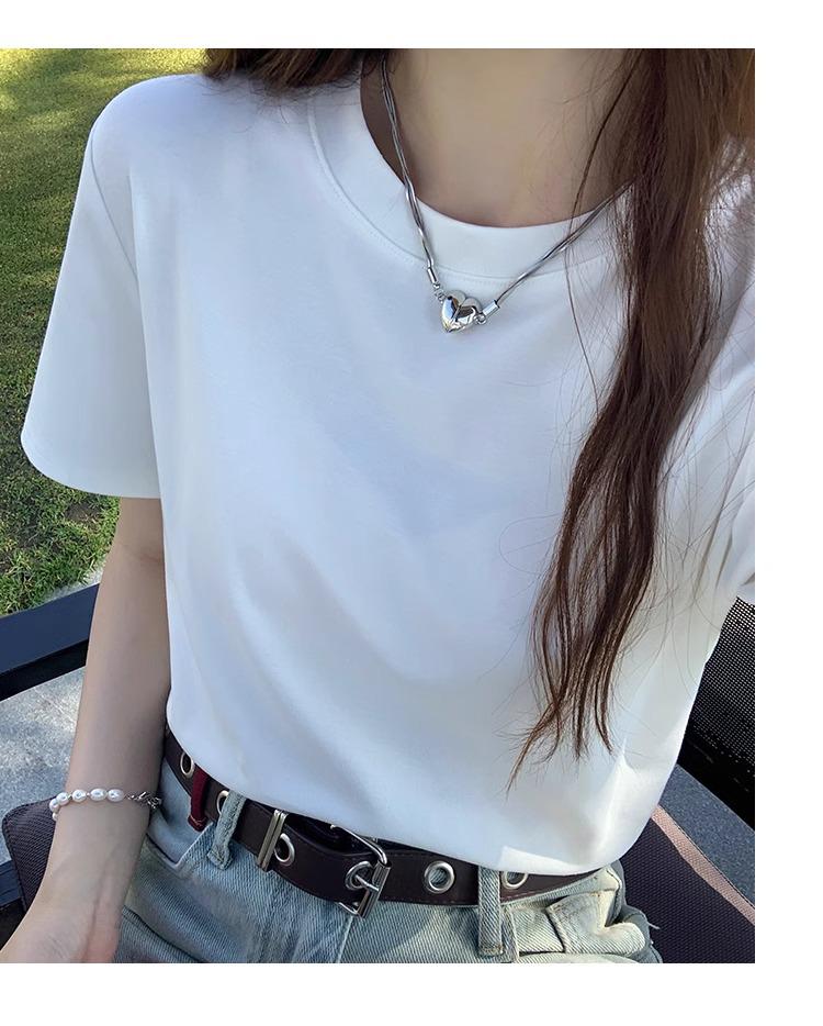 Women's Casual Minimalist Korean White Cotton Short-Sleeve Round Neck T-Shirt