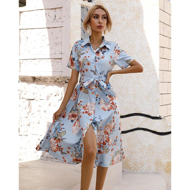 Women's Button Front Floral Short Sleeve Dress Waist Belt A-Line Casual Summer Midi