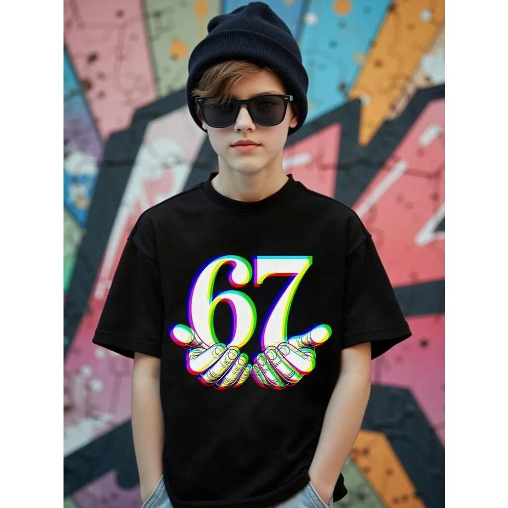 67 Number Children Funny Six Seven Graphic Print T-Shirt Round Neck Cute Casual Style Short Sleeve Comfortable T-Shirt Clothing