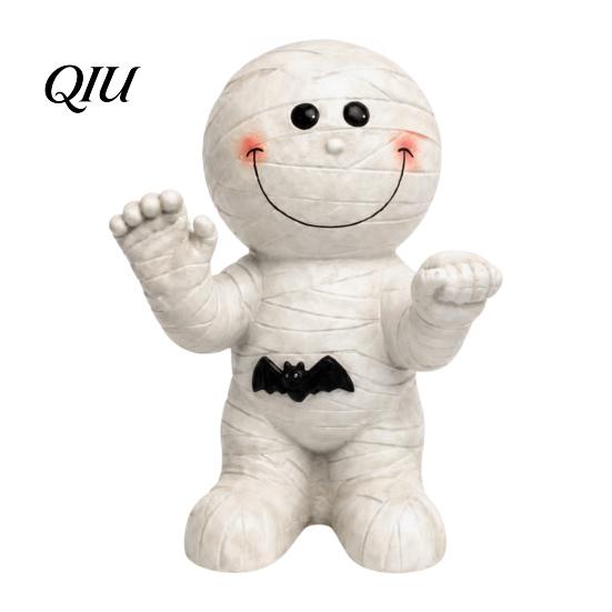 Halloween Desktop Decoration Resin Mummy Atmosphere Light, Smiling Statue with Small Tabletop Bat Decor, Cartoon Figurine Light for Ornament Decor