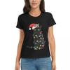 WOMEN TShirt Black Santa Cat Tangled Up In Lights Christmas Santa Short Sleeve Tees ONeck T Shirts Clothes Tops Streetwear