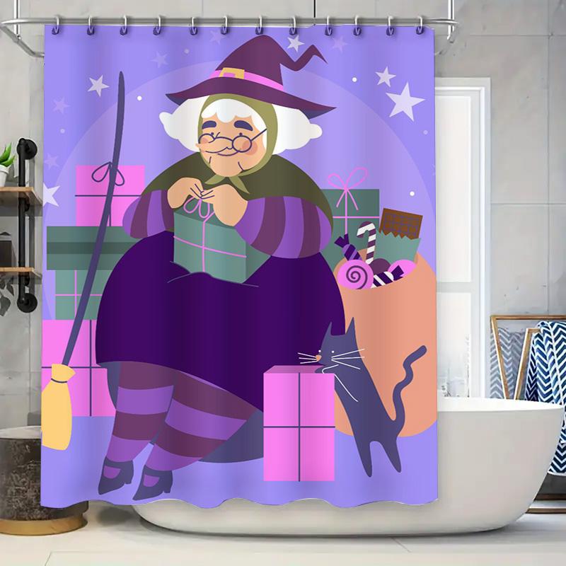 

Colorful Halloween-Themed Shower Curtain With Witch Design For Bathroom Decor Purple Starry Sky Background Included #Bathroomacc W60H190(CM)-1 Pcs