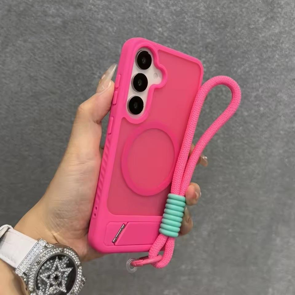 Fashion Wristband Lanyard Case for Samsung Galaxy S26 S25 Ultra S24 S23 Plus FE S25Edge S26+ 45° Bracket Matte Shockproof Cover