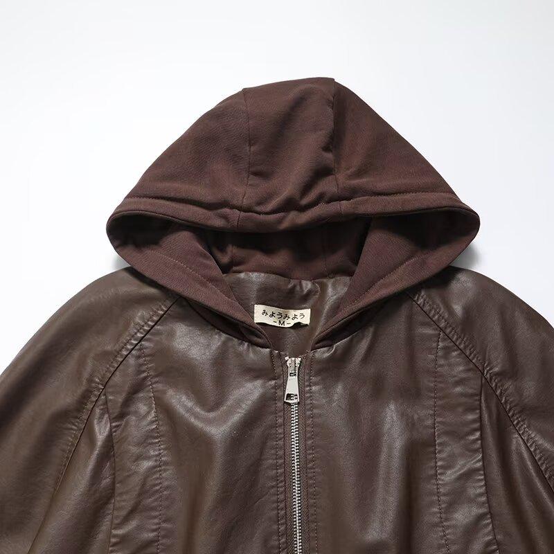 2024 Autumn Women's European & American Style Faux Leather Hooded Sweatshirt Coat