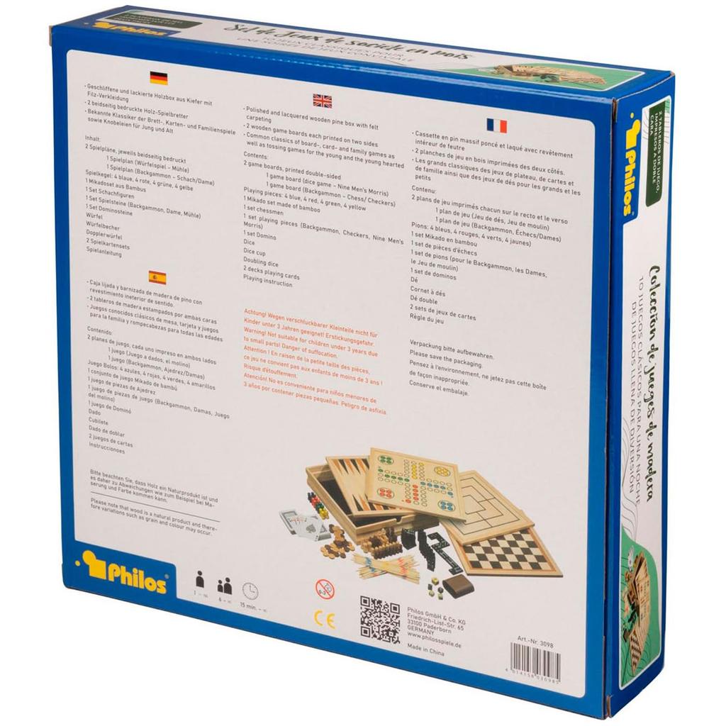 Philos Wooden Game Compendium - 30cm - 8 In 1 Board Game - Chess, Backgammon, Draughts, Nine Mens Morris, Ludo, Dominoes, Playing Cards and Mikado - G