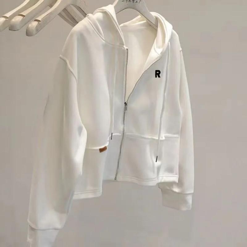 Womens Casual Letter Print Hooded Zip Up Cropped Sweatshirt M белый
