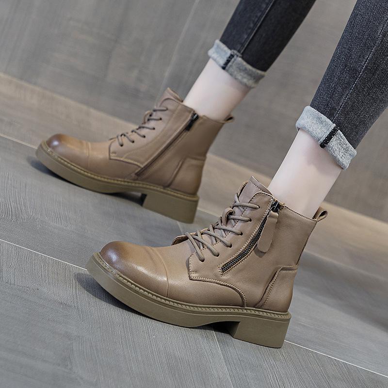 The first layer of cowhide short boots women's 2025 autumn and winter new retro leather British style square head women's Martin boots
