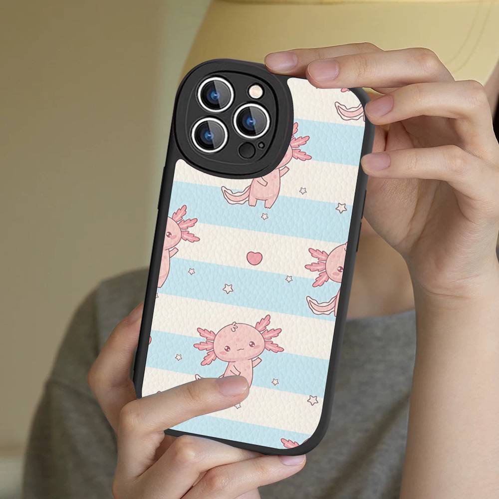 

Cartoon Axolotl Cute Leather Phone Case For IPhone 16 16e 15 14 13 12 11 Pro Max Plus Mini Cover iphone 11 pro