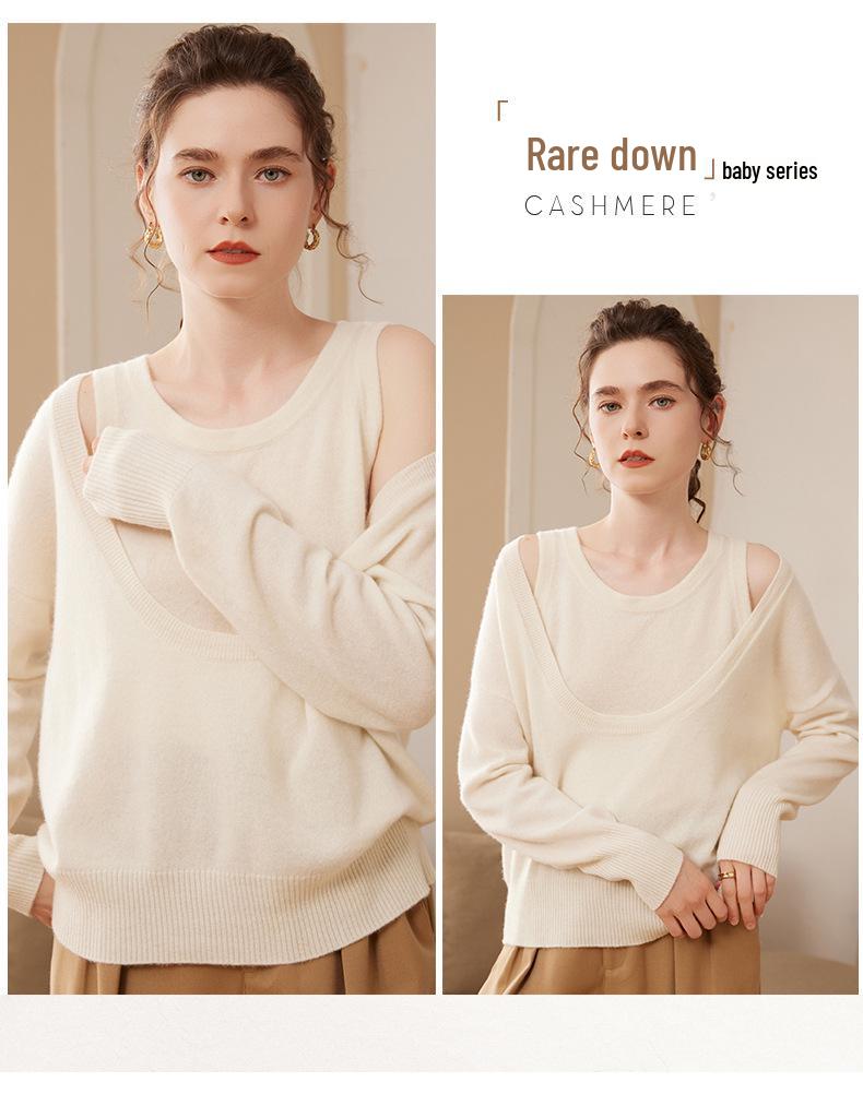 Women's Loose Long-Sleeved Cashmere U-Neck Pullover Sweater for Autumn/Winter - Soft, Versatile, Fashionable