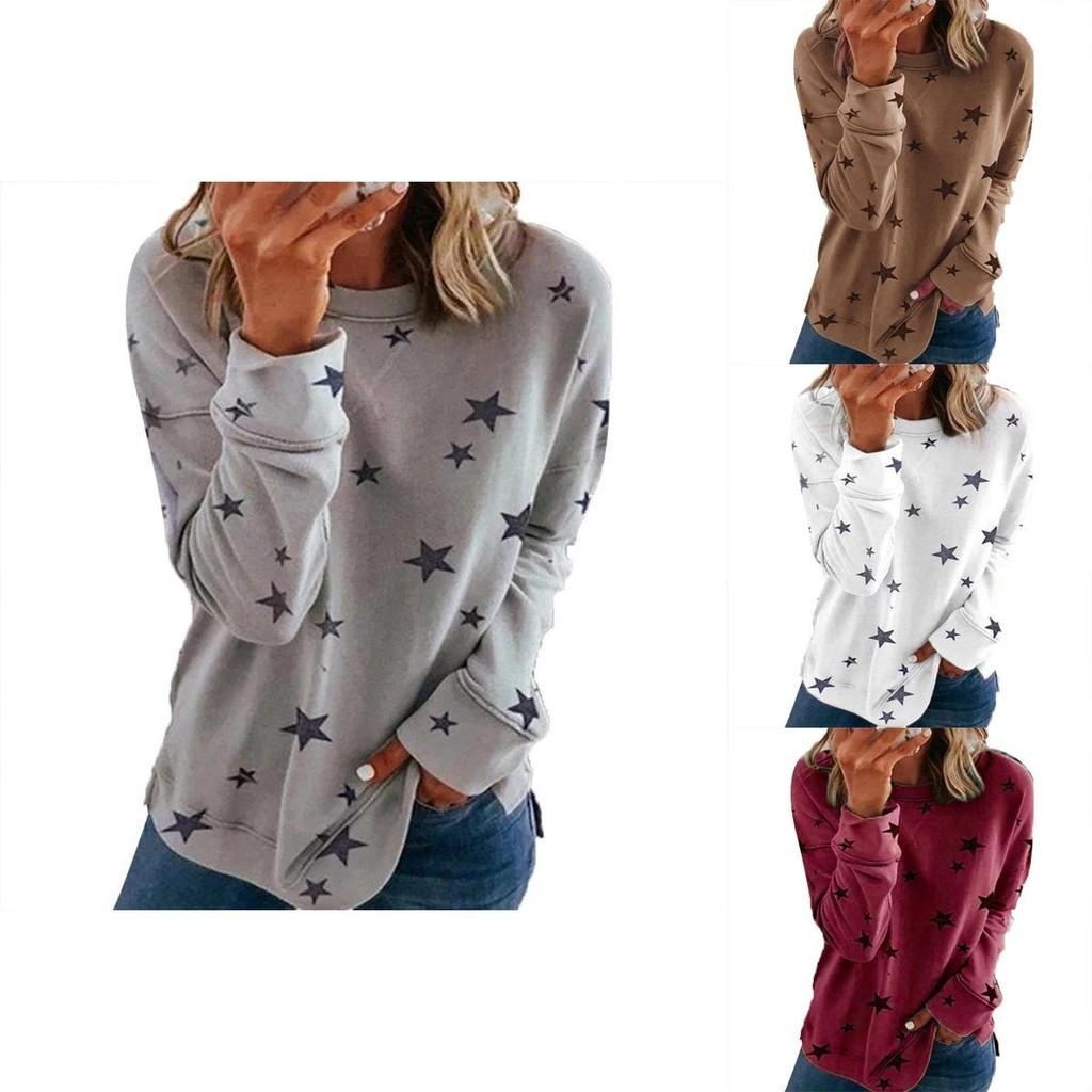 Women Casual Tunic Crew Neck Long Sleeve Star Print Tee Top Blouse For Daily Comfort And Style