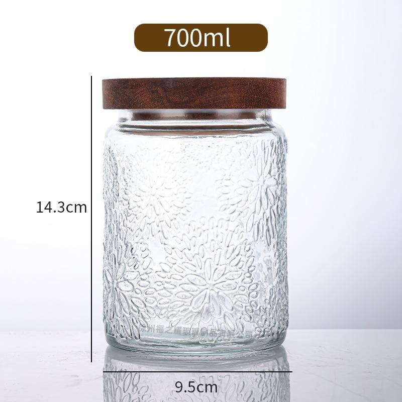 Ancient Peony Flower Relief Transparent Glass Storage Jar for Snacks, Tea Sealed Jar, Kitchen Storage Glass Bottle