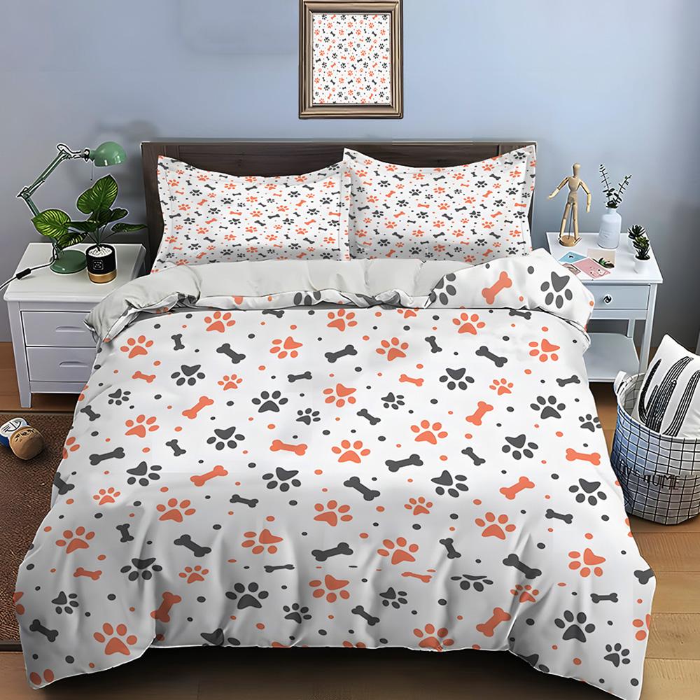 Pet Paw Prints And Bone Pattern Duvet Cover Set Digital Print Colorful Polyester Bedding With Zipper Closur For Kids Gifts