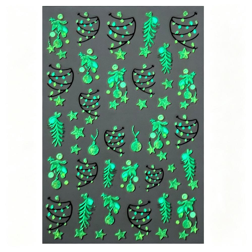 1PC 3D Luminous Colorful Light Christmas Nail Stickers Green Pine Branch/Red Bauble Star Nail Decals Adhesive Holiday Nail Decor