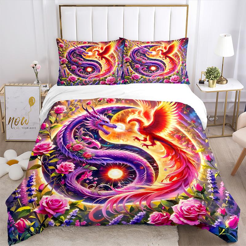 3pcs Dragon and Phoenix Dance Amidst Flowers and Light Pattern Bedding Three-Piece Set (1 Cover + 2 Pillowcases, No Fillings), This Printed